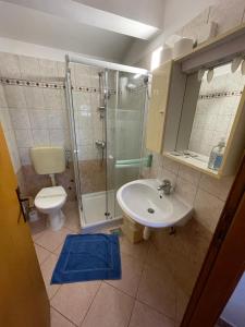 uma casa de banho com um chuveiro, um WC e um lavatório. em Apartmani Rozi em Umag