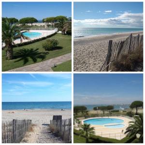 quatro vistas diferentes da praia e do oceano em Studio 1 ère ligne Port Camargue em Le Grau-du-Roi