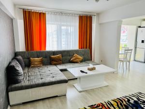 ein Wohnzimmer mit einem Sofa und einem Tisch in der Unterkunft Panoramic M&M apartment in Suceava