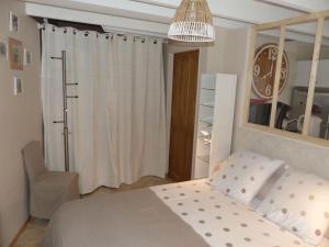 um quarto com uma cama, uma cadeira e um espelho em Maison indépendante climatisée dans quartier calme em Villeneuve-lès-Avignon