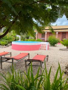 2 sillas y una mesa de ping pong en un patio en Habibi B&B, en Uroa