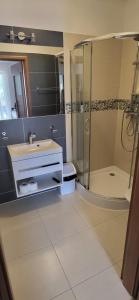 a bathroom with a sink and a shower at Emada- Pokoje Gościnne i Studia in Ostrowo