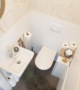 ein weißes Bad mit einem WC und einem Waschbecken in der Unterkunft Your little sparkle Room "FOR WOMAN ONLY !" in Wien