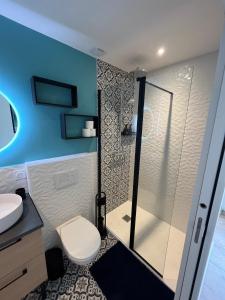 a bathroom with a shower with a toilet and a sink at STUDIO IBIZA - HYPER CENTRE LORIENT in Lorient
