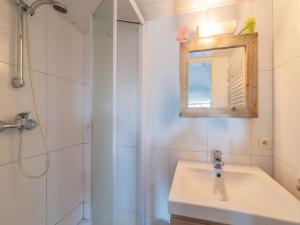 un bagno con doccia, lavandino e specchio di Charming Cottage Near Lake a Robertville Altre 32 foto