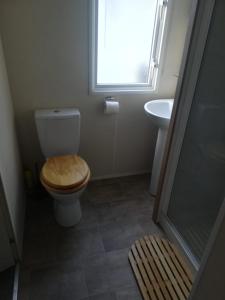 a bathroom with a toilet and a sink and a window at Del's den lakeside weeley bridge 2bedroom in Weeley