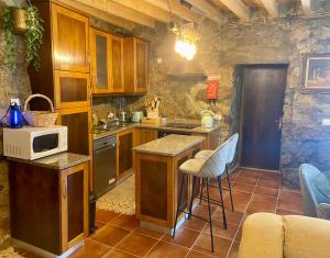 a kitchen with wooden cabinets and a counter with a microwave at Casa Romã in Vale de Azares