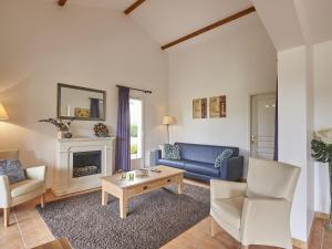 a living room with a blue couch and a fireplace at Luxury Villa in France with Pool in Vasles