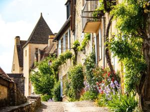 an alley with flowers on the side of a building at Bungalow in France with Private Garden in Mauroux