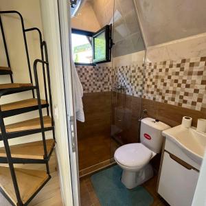 uma pequena casa de banho com WC e chuveiro em Planinske Kuće Grocka em Grocka