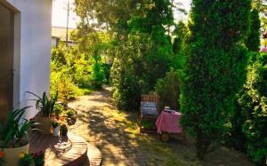 a garden with a sign on a cart on a path at Apartamenty Winniczki in Pobierowo