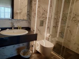 イルビドにあるSedrah Hotelのバスルーム(洗面台、トイレ、シャワー付)