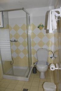 y baño con ducha y aseo. en Anastasia Apartments, en Kámpos
