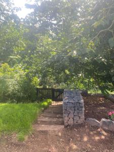 a fence in a yard with a tree at Sandy Top in Saint Abbs