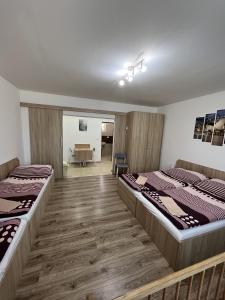 a room with two beds and a desk in it at SUNNY Apartman in Štúrovo