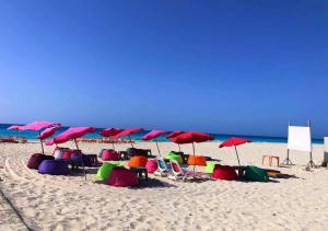 - un groupe de chaises longues et de parasols sur une plage dans l'établissement شاليه للايجار قريه تيباروز الساحل الشمالي, à Dawwār ‘Abd Allāh