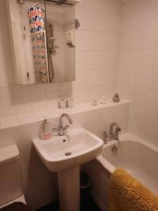 uma casa de banho com um lavatório e uma banheira em Redmire - 2 bed 1st floor flat overlooking green em Darlington