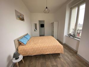 1 dormitorio con 1 cama grande con almohadas azules en Appartement F1, refait à neuf, 150m de la plage, en Donville-les-Bains