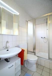 a bathroom with a sink and a toilet and a shower at Gaestehaus-Achtern-Diek-Wohnung-4 in Süderhöft