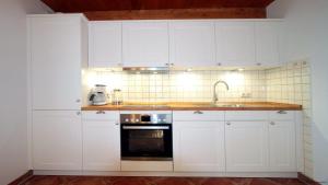 a kitchen with white cabinets and a sink and an oven at Alter-Gardinger-Deich-Wohnung-G-1 in Siekbüll