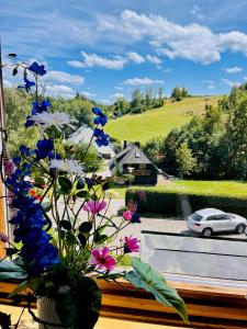 a vase of flowers on a window sill with a car at Hotel Sonnenberg Garni in Hinterzarten