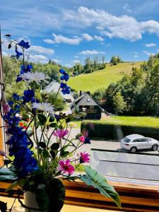 eine Vase mit Blumen auf einer Fenstersille mit einem Auto in der Unterkunft Hotel Sonnenberg Garni in Hinterzarten