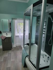 uma casa de banho com um chuveiro e um lavatório. em 16 Northcote Street, Wick em Wick