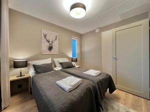une chambre avec deux lits et une lampe dans l'établissement Levin Kunkku C4, à Levi