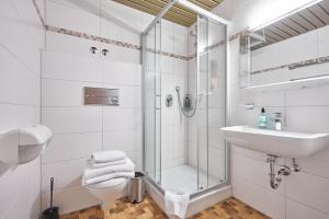 a bathroom with a shower and a sink and a toilet at Landhotel Fuchs in Eisenbach