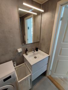 uma casa de banho com um lavatório e uma máquina de lavar roupa em Guesthouse with terrace em Arendal