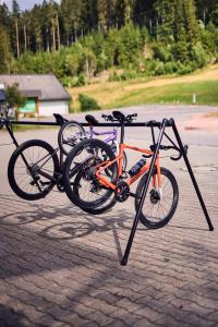 ein Fahrrad auf einem Stand auf einer Straße geparkt in der Unterkunft Landhotel Fuchs in Eisenbach