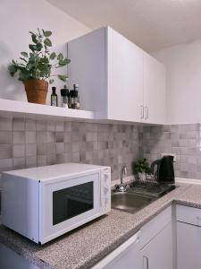 a white microwave oven sitting on top of a kitchen counter at Cozy Apartment in historical Alt-Lobeda near Uni-Klinik Jena in Jena
