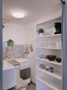 a white kitchen with a stove and white shelves at Cozy Apartment in historical Alt-Lobeda near Uni-Klinik Jena in Jena