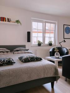 a bedroom with a bed and a chair and two windows at Cozy Apartment in historical Alt-Lobeda near Uni-Klinik Jena in Jena