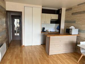 una pequeña cocina con encimera y microondas en Studio Bords de plage, en Saint-Jean-de-Monts