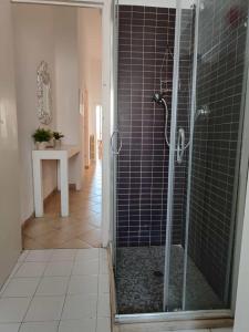 een badkamer met een douche en een glazen deur bij Lacasadelmare in Francavilla al Mare
