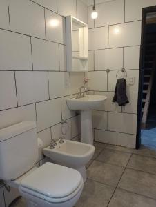 łazienka z toaletą i umywalką w obiekcie Los soles de montaña w mieście Villa Pehuenia