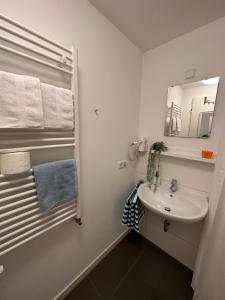 La salle de bains blanche est pourvue d'un lavabo et d'un miroir. dans l'établissement Stilvolles und modernes Appartement mit sonnigem Balkon in Flughafen- und Messenähe 31, à Leinfelden-Echterdingen