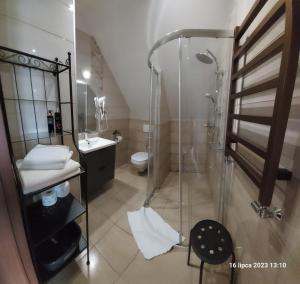 W łazience znajduje się prysznic, umywalka i toaleta. w obiekcie Kapitański Dworek w mieście Krynica Morska
