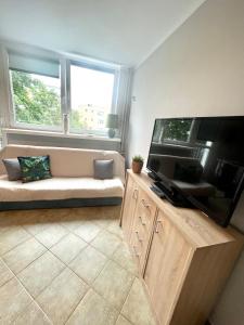 a living room with a couch and a large flat screen tv at Apartament Słoneczny in Świnoujście