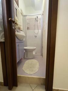 La salle de bains est pourvue de toilettes, d'un lavabo et d'une douche. dans l'établissement Stella Marina, à Balestrate
