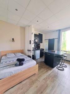 a bedroom with a bed and a desk and a kitchen at Studio Centre Ville Stadium in Agen