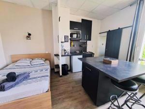 a small room with a bed and a desk in it at Studio Centre Ville Stadium in Agen
