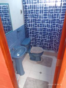 庫斯科的住宿－Casa Sara en San Blas，浴室配有蓝色卫生间和淋浴。