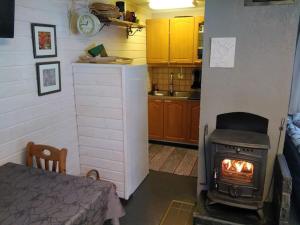 cocina con fogones en una habitación en Lysti Cottage by the lake and magical countryside, en Rovaniemi