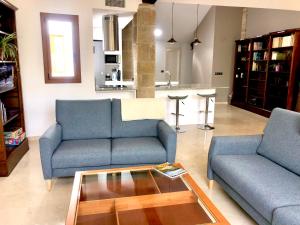 ein Wohnzimmer mit 2 blauen Sofas und einem Couchtisch in der Unterkunft Antiga Biblioteca in Solsona