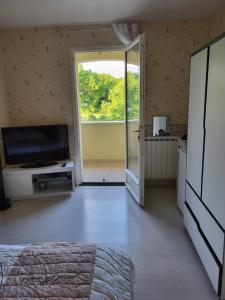 1 dormitorio con 1 cama, TV y ventana en Caufour, en Lédat