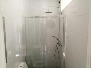a shower with a glass door in a bathroom at Cantinho da Karine in Maia