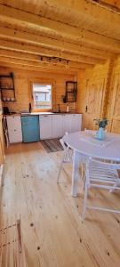 シフィノウイシチェにあるOstoja Strugaの白いテーブル付きのキッチンが備わる客室です。