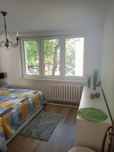 1 dormitorio con 1 cama y 2 ventanas en Apartament ALE LABA, en Kołobrzeg